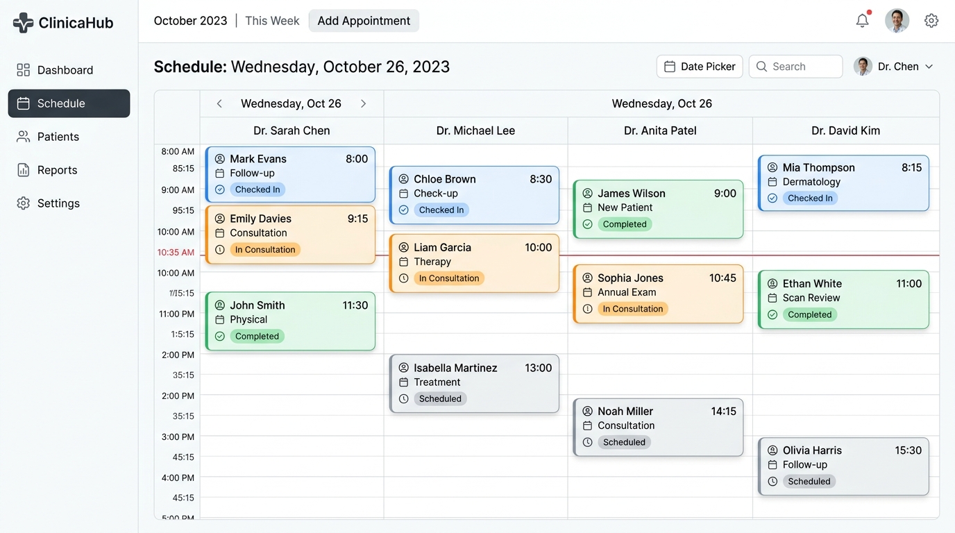 ClinicNex AI appointment calendar showing daily walk-ins and scheduled visits